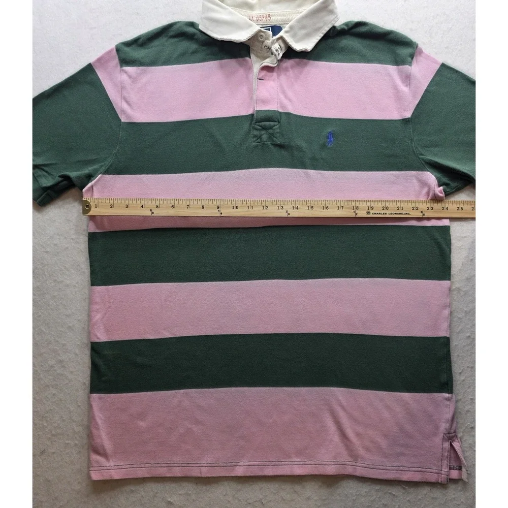 Polo Ralph Lauren Vintage Men's Green & Pink Striped Polo Shirt. Size XL